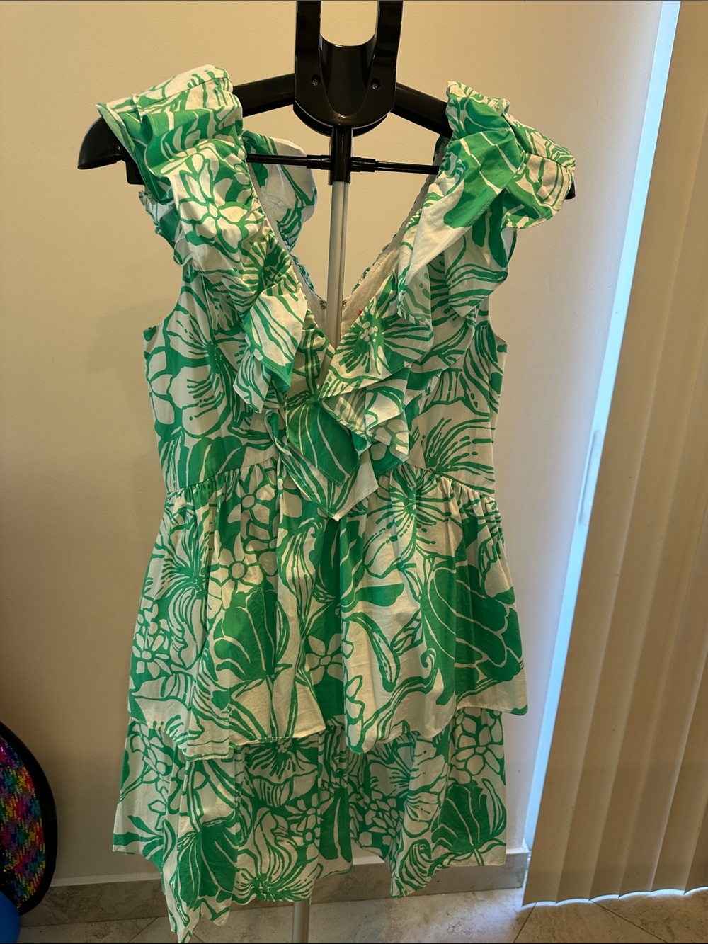 Lilly Pulitzer Ritamarie V-Neck Ruffle Dress Green White Tropical Floral